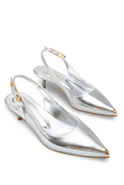 Bak Store Silver Kitten Heel Women's Shoes with Pointed Toe and Gold Accessor...