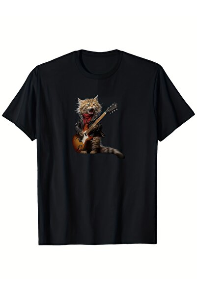 yiou trendy clothing تي شيرت رجالي بنمط Fun Rock Cat Playing Guitar