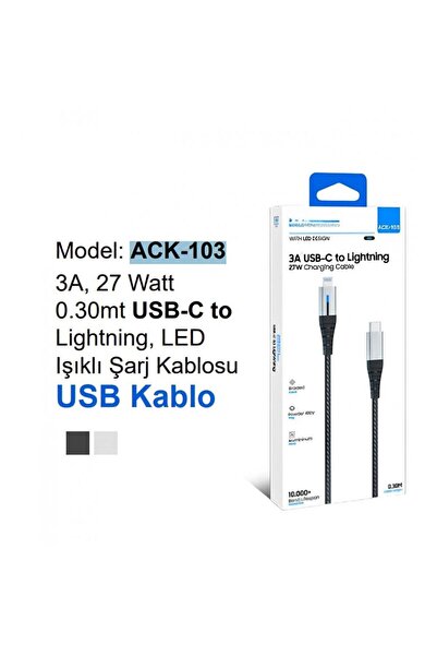 HİBOTEKNO 0.30m LED Göstergeli 27W USB-C to Lightning Led Işıklı Örgü Şarj ve...