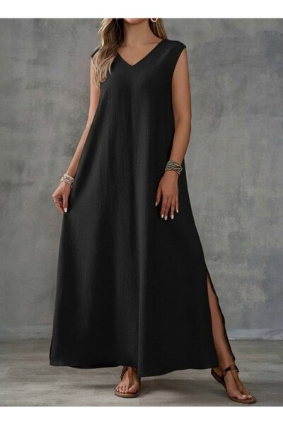 Wear Up فستان طويل مكشكش للنساء بياقة على شكل V وفتحة جانبية