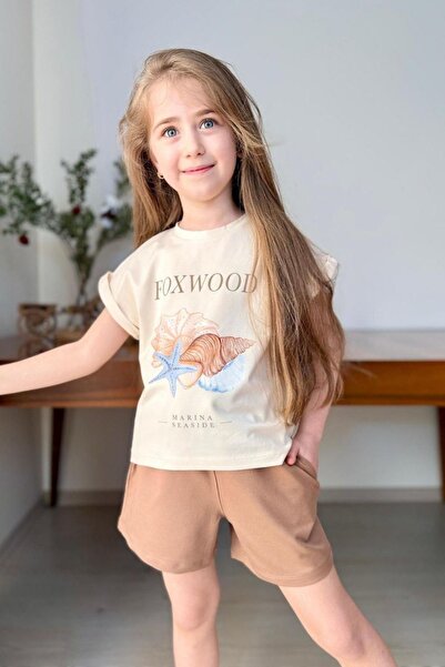 aura7 collection Girl's Shell Print 2-Piece Shorts Set – Beige Brown