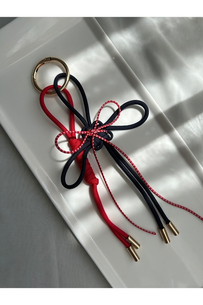 Handmade Gold Klipsli Lacivert Kırmızı Kordon Fiyonk Çanta Charmı Anahtarlık
