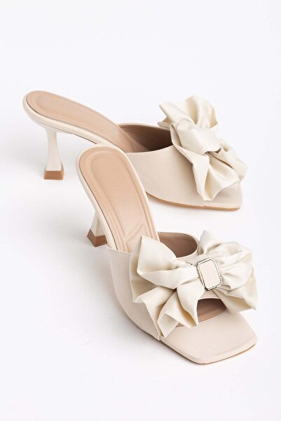 Dilimler Ayakkabı Women's Thin Heeled Slippers Beige Satin with Big Bow