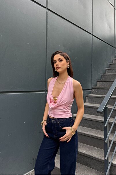 Butik kadın drapeli bluz, sırt dekolteli, taş detaylı, slim fit, şık gece ve ...