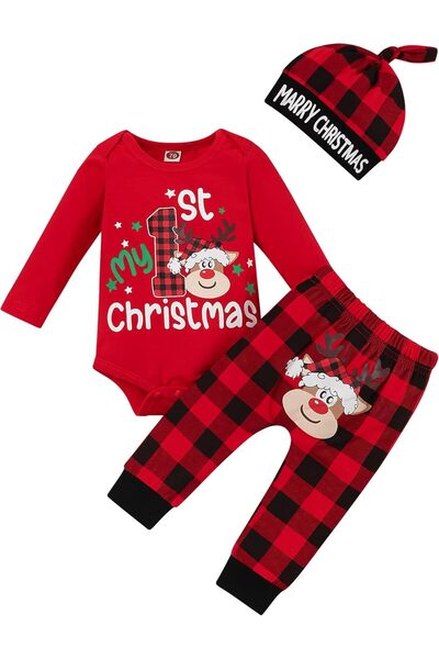 Other My First Christmas Baby Girls Boys Red Romper with Red Grid Pants and H...