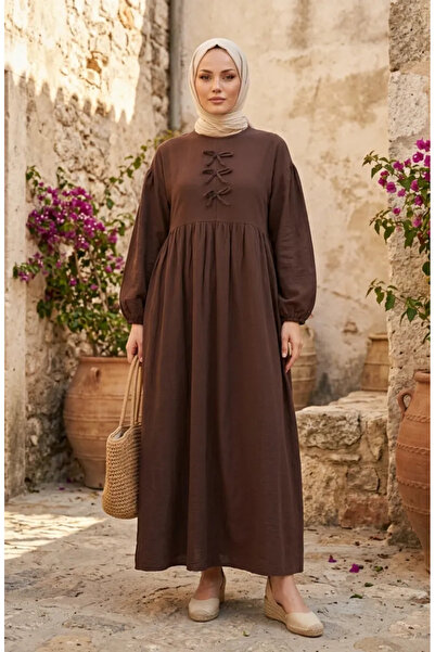 sefamerve Muslin Fabric Bow Detailed Hijab Dress 2272-03 Brown