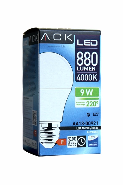Aryes ACK 9W LED Ampul 4000 Kelvin Gün Işığı E27 880 Lümen Tasarruflu
