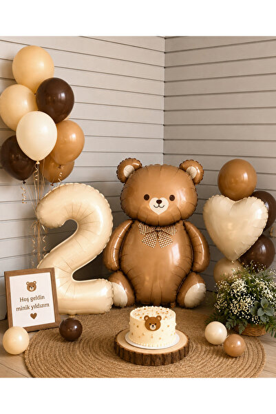 Öztürkpartievi Birthday Balloon Set with Teddy Bear – Beige Brown Concept Par...