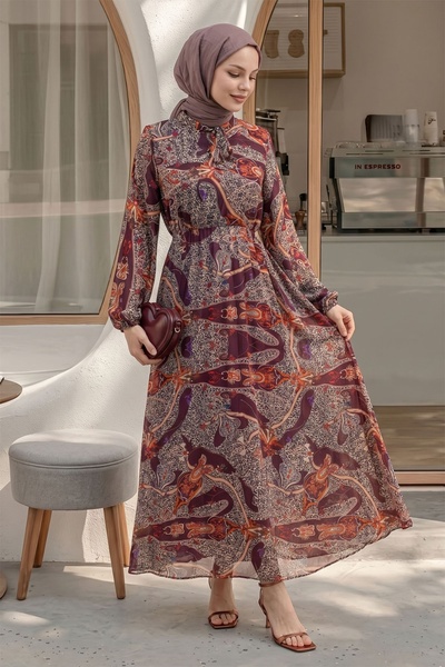 InStyle Shawl Pattern Pleated Plum Chiffon Dress