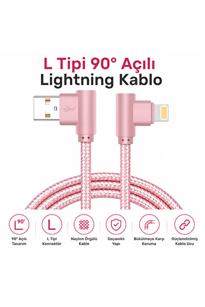 qasul L Tipi 90° Açılı Lightning Şarj Kablosu iPhone Uyumlu Naylon Örgülü Day...