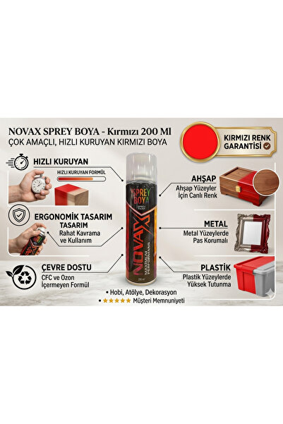 Novax Sprey Boya 200 Ml Kırmızı- Çok Amaçlı Ahşap Metal Plastik Boyama Spreyi...
