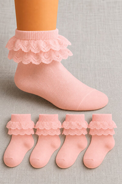 ZENGİN 4 Pack Girls' Lace Seamless Socks Set Soft Cotton