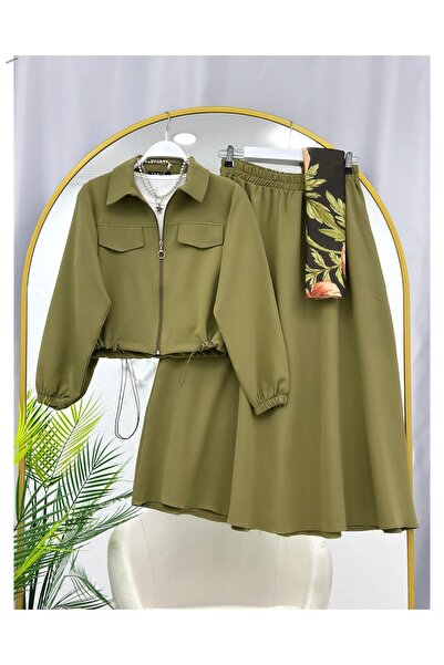 YEDİLALE Elastic Waist Zippered Jacket and Flared Skirt Dual Set [Excluding S...