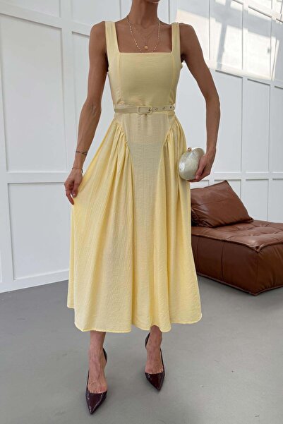 mylove Smart Square Collar Belted Dress Yellow