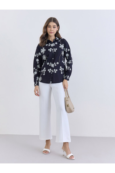 Styli Women Embroidered Black Cotton Shirt