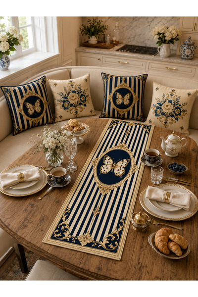 HOMESSA Navy Blue Floral Runner and 4-Piece Throw Pillow Set