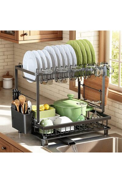 Generic Multifunctional Dish Rack, Rustproof Black Carbon Steel 2-Tier Dish D...