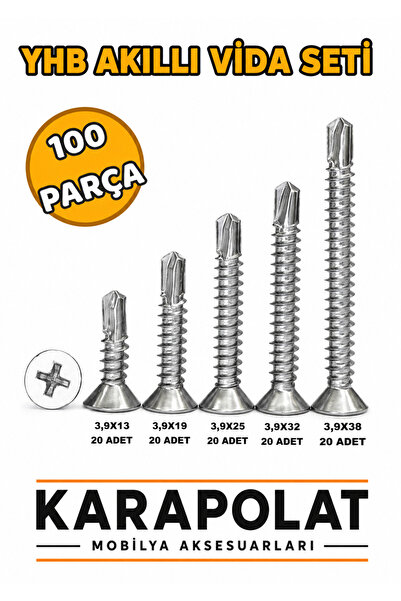 KARAPOLAT 100 PARÇA YHB AKILLI VİDA SETİ 3,9X13 - 3,9X19 - 3,9X25 - 3,9X32 - ...