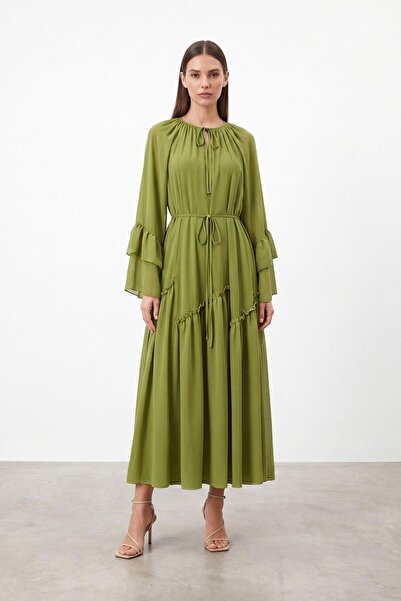 Puane Women's Lace Detailed Flounce Sleeve Long Dress 12694