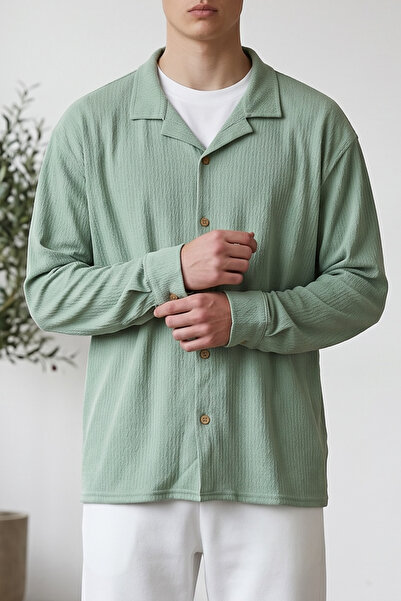 modasende Men's Green Wrinkled Fabric Long Sleeve Apaş Collar Shirt
