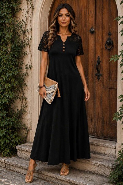 Mossta Short Sleeve Lace Long Waffle Dress - Black