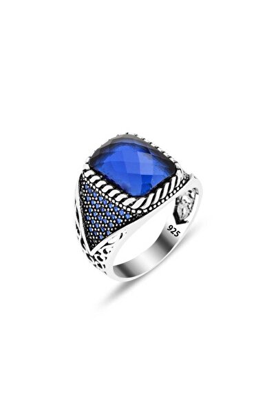 Mercan Silver 925 Ayar Gümüş Safir Zirkon Taşlı Erkek Yüzük