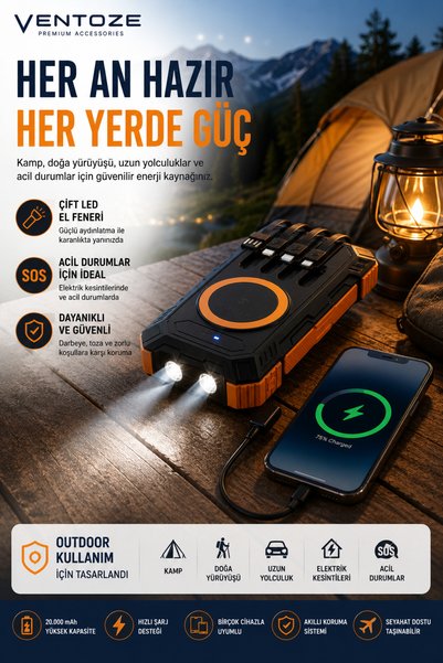 Ventoze 20000 mAh Güneş Enerjili Solar Powerbank Kablosuz Hızlı Şarj Cihazı Kamp Tipi Outdoor