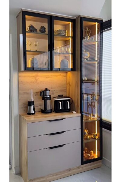 Grcstyle Ledli Kahve Köşesi 1. Sınıf MDF Cam Kapaklı Çok Amaçlı Dolap