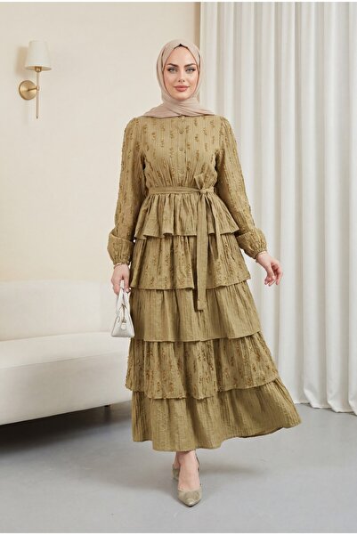 Modamorfo Half-Buttoned, Layered Skirt, Elasticated Sleeves, Belted Crinkle D...