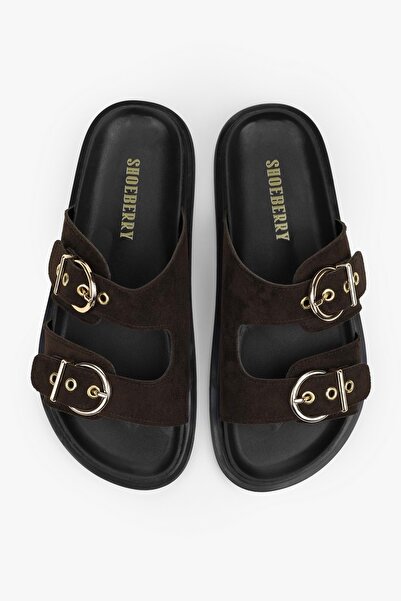 Shoeberry Women's Vian Brown Suede Belted Slippers