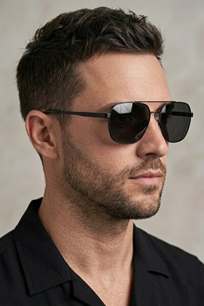 Di Caprio Black Geometric Square Aviator Polarized Sunglasses for Men