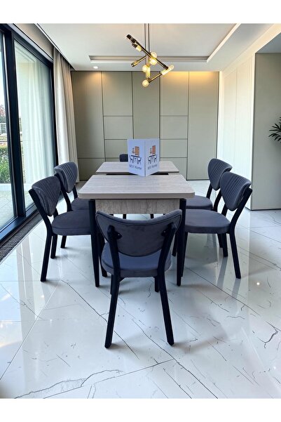 MSY HOME Alva 6 Kişilik Yemek Masası Takımı Baby Face Kumaş Traverten 80x130 ...