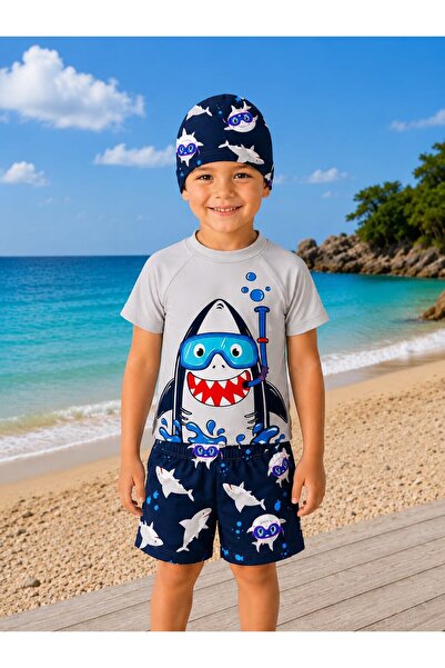 My Kids Wear Erkek Çocuk Dinozor Desenli Deniz Şortu Takımı – 3 Parça Mayo Se...