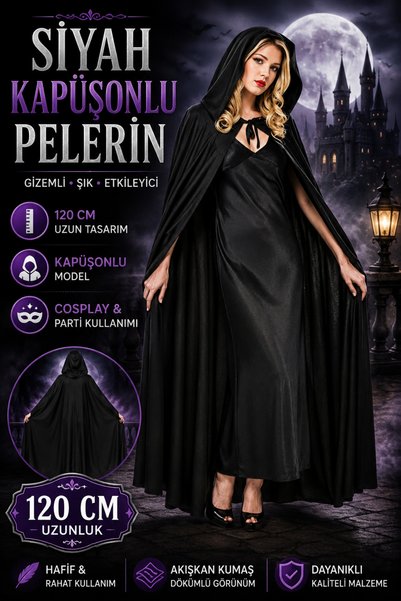 Tamsena Store Siyah Kapüşonlu Uzun Pelerin 120 CM Yetişkin Cadı Vampir Cospla...