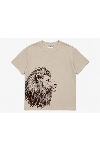 BALKABAĞI Lion Pattern Milk Coffee T-Shirt & Cocoa 100% Cotton Double-Legged Muslin Shorts 2-Piece Set