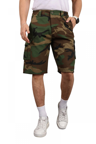 Rizz up Men's Khaki Camouflage Patterned Lycra Elastic Waist Cargo Capri Shor...