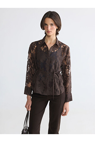 LC Waikiki Brown Floral Belted Women's Satin Shirt