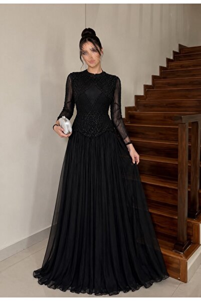 MAYASAN Black Embroidered Royal Evening Gown with Sheer Sleeves