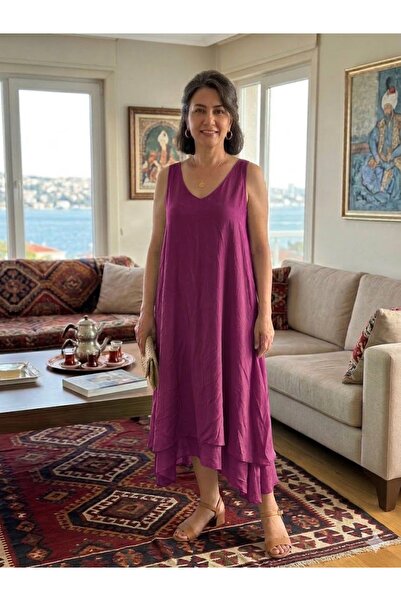 AYASOFYA OTANTIK Kadın İtalyan Leylak Düz Desen Astarlı Askılı Midi İpek Elbise