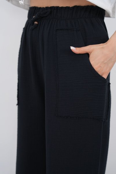 THE VOLER Muslin Palazzo Trousers Women's Summer Loose Wide Leg Casual Comfortable Elastic Waist Pocketed Daily Stylish Trousers