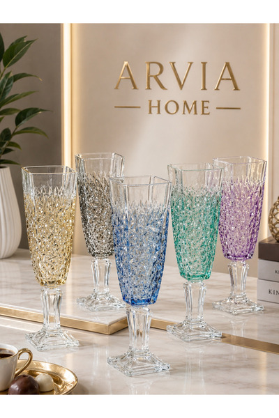 ARVİA HOME Renkli Cam Kahve Yanı Su Bardağı 6’lı Vintage Desenli Lüx Sunum Ba...