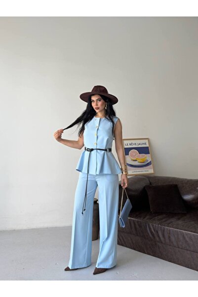 Bella Breeze Women's Button Detailed Belted Vest Trouser Set Stylish Two-Piec...