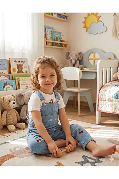 KAYAKİDS Cherry Embellished Detailed Baby Girl Salopet Set of 2 - Blue Baby G...