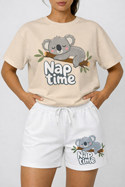 ALEYZA MODA Fashionable "Nap Time" Printed T-Shirt for Women Sort Takim – Cut...