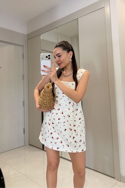 ALVOR Kırmızı Çiçekli Beyaz Mini Elbise
