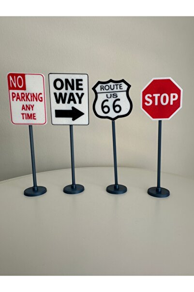 3D Baskı Mini Trafik Tabelası Seti – Retro Amerikan Yol Levhaları Dekoratif Obje