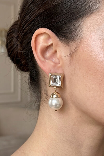 PETEK AKSESUAR Square Stone Pearl Earrings 5 Cm.
