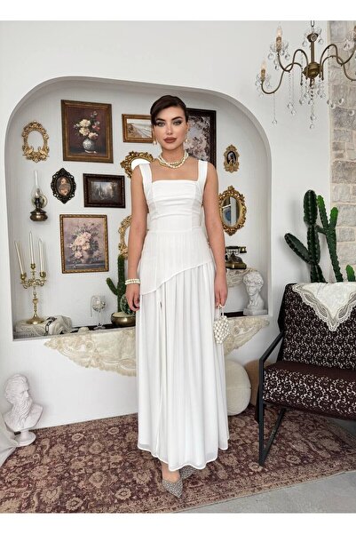 Caddebostan Moda Square Neckline Slit Detailed Maxi Length Evening Dress Grad...