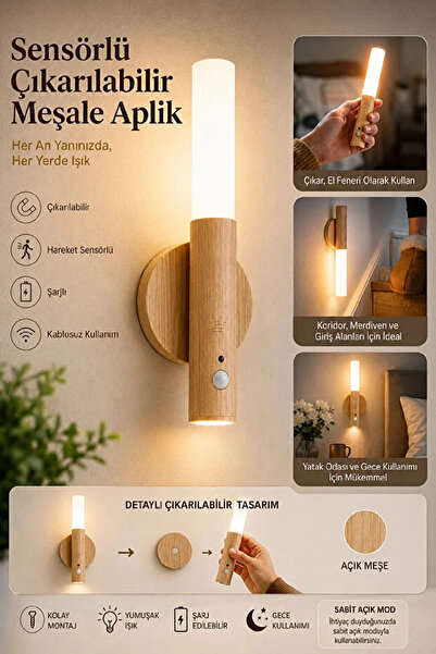 Berdina Home Sensörlü Çıkarılabilir Meşale Aplik Şarjlı LED Kablosuz Duvar La...