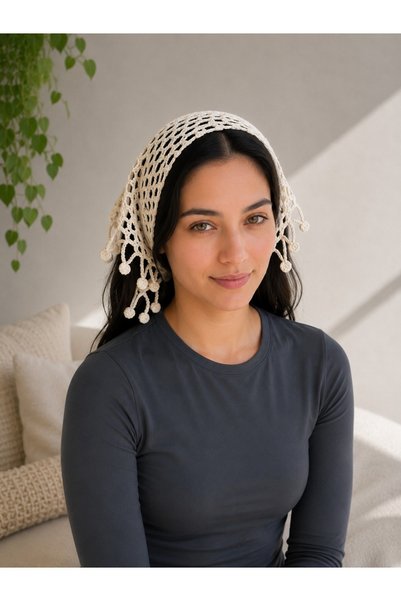 yes ticaret Women's Handmade Knitted Bandana Bohemian Retro Hair Scarf Beige